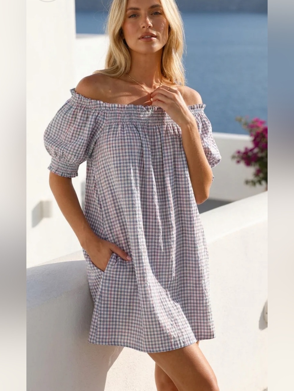 Off-Shoulder plaid Aegean Summer Dress in Light Blue & Pink meet me In Santorini